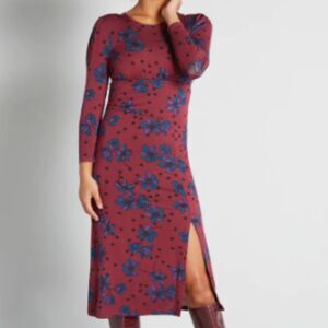 Mod Cloth Ruched Sleeves Midi Dress Flowers Starbursts NWT Womens M